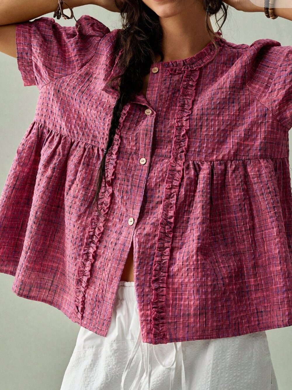 Hot Pink Cute Women's Ruffle Hollow Out Puff Sleeve Plaid Loose Cardigan Shirt